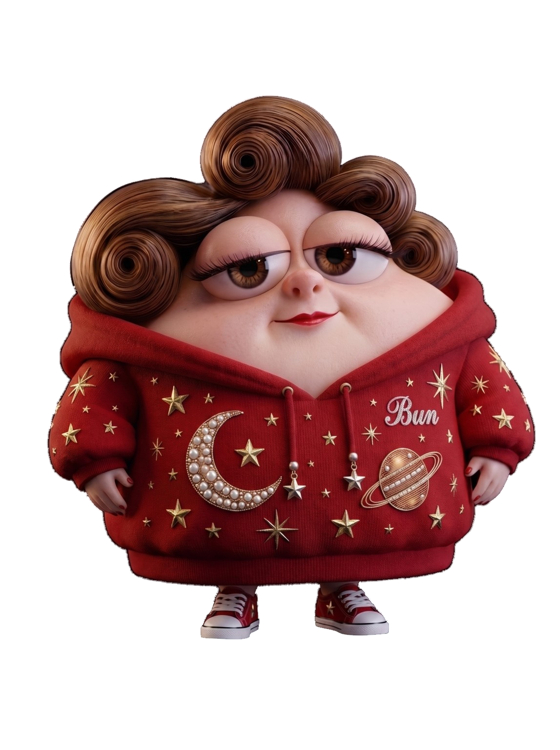 Bun in a red hoodie decorated with celestial motifs.